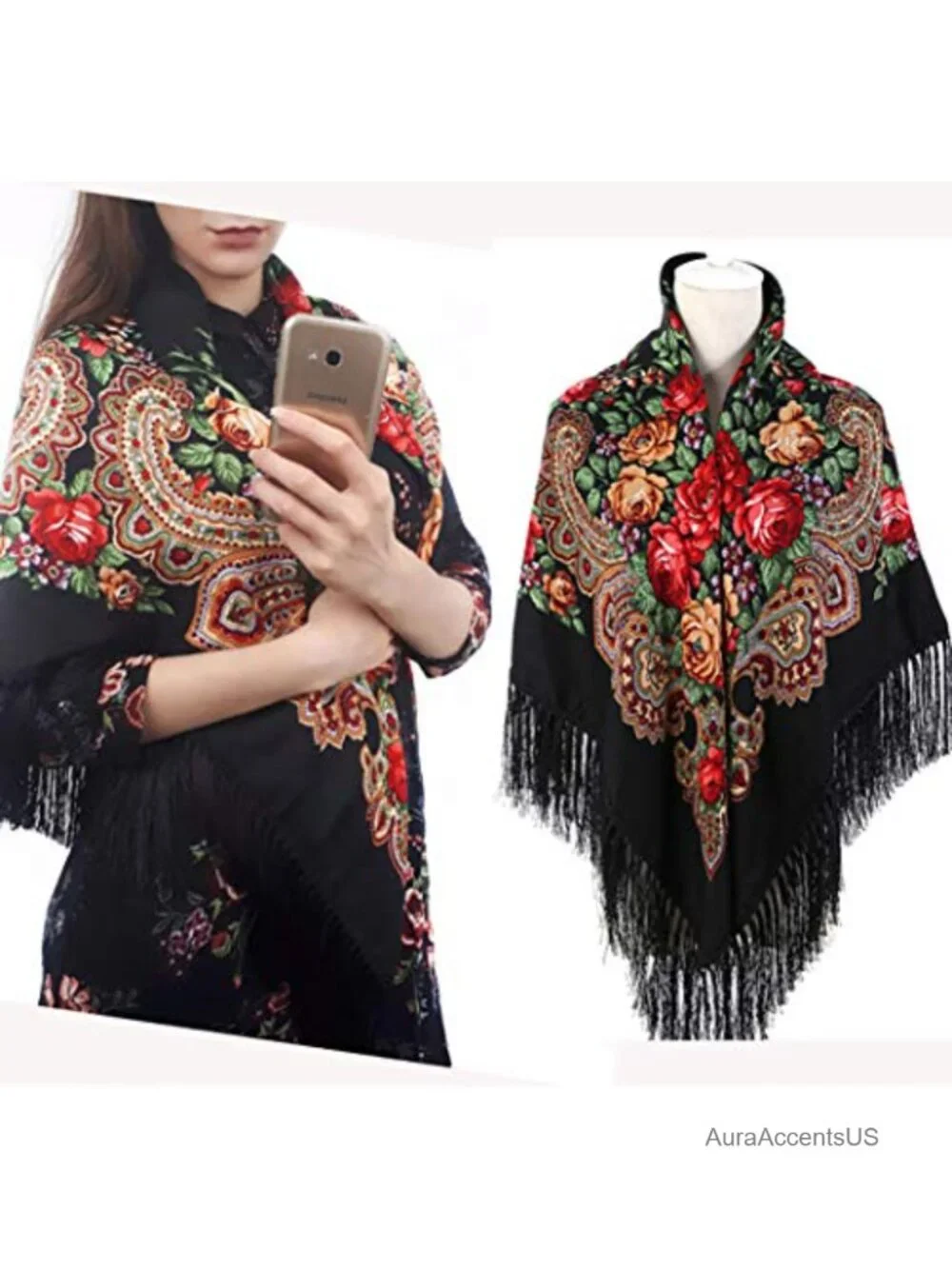 Women's Traditional Folk Scarf Wrap Tassel Fringes Shawl Square Cape 50inch